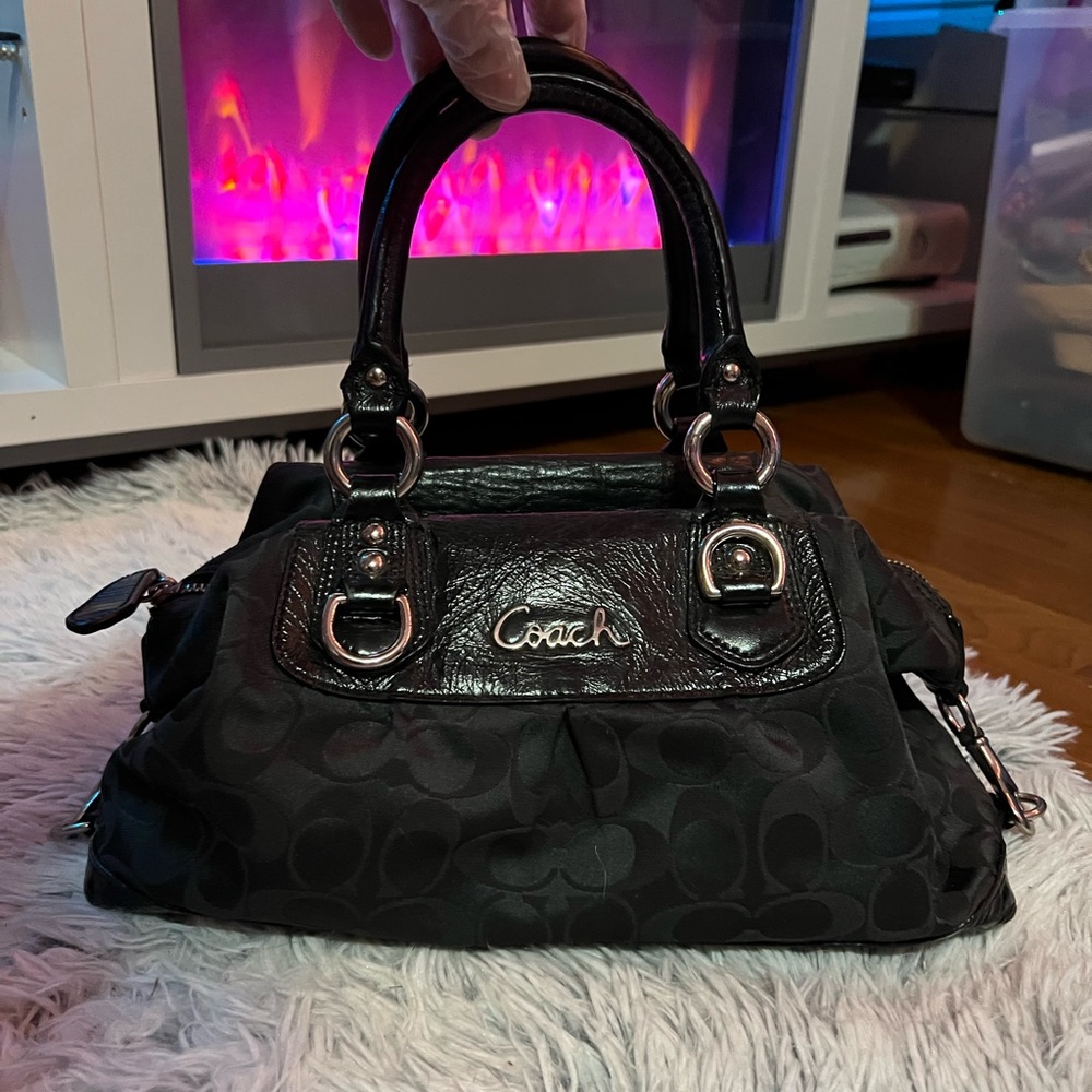 Like NEW COACH Ashley Sabrina Signature Black Patent Leather Canvas Purse Bag